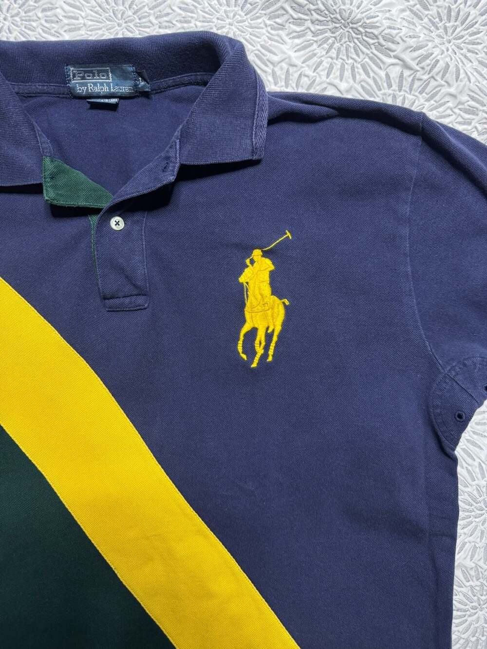 Polo Ralph Lauren Men's L Navy Green Yellow Big Pony Stripe Polo Shirt